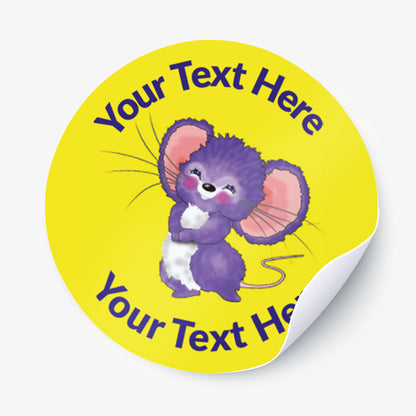 Round sticker with a purple mouse illustration and customizable text on a yellow background