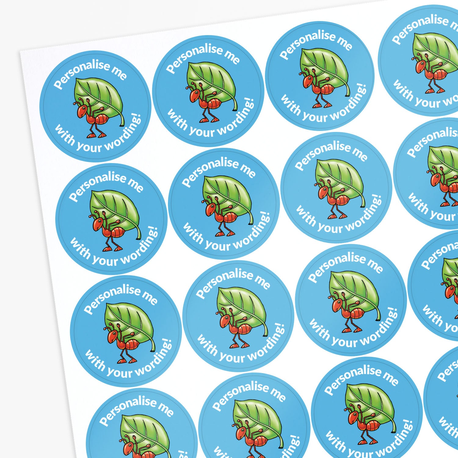 Sheet of personalised stickers with cartoon ant characters on a blue background with white text.