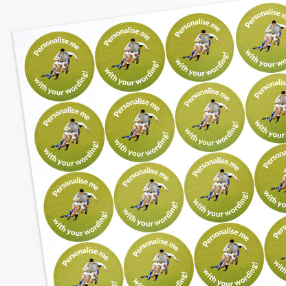 Sheet of green stickers with rugby player images and text 'Personalise me with your wording!' on a white background.