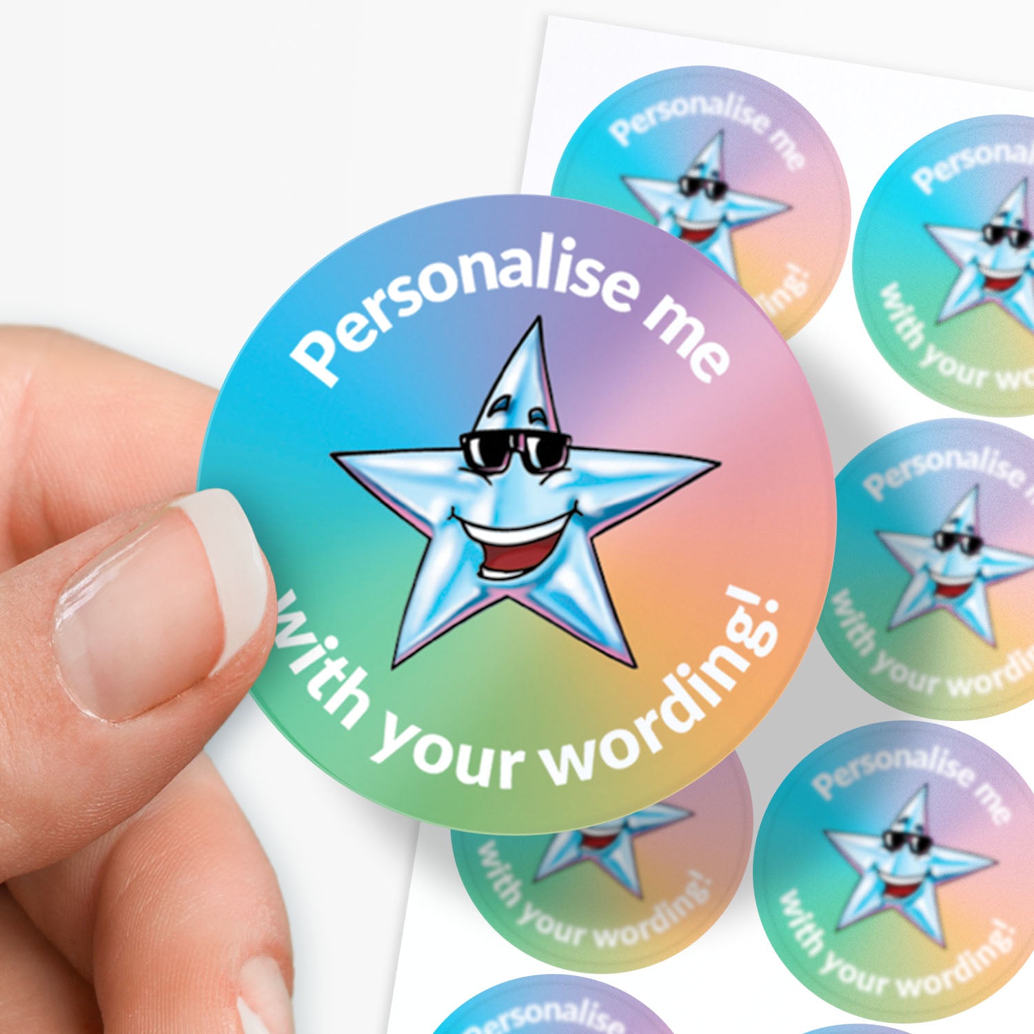 Colorful star-shaped stickers with text 'Personalise me with your wording!' held by a hand.
