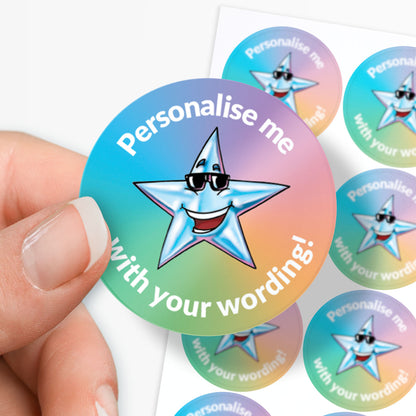 Colorful star-shaped stickers with text 'Personalise me with your wording!' held by a hand.