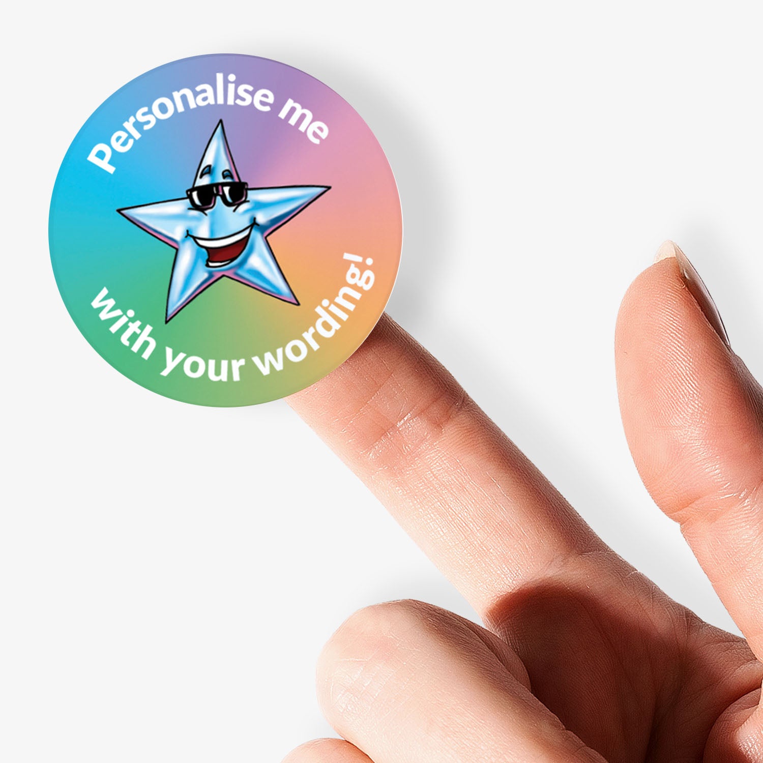 Colorful sticker with a star design and text 'Personalise me with your wording!' held by a hand.