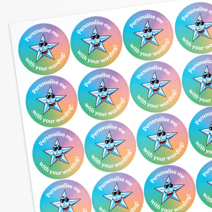 Colorful star-shaped stickers with text 'Personalise me with your wording!' on a white background.