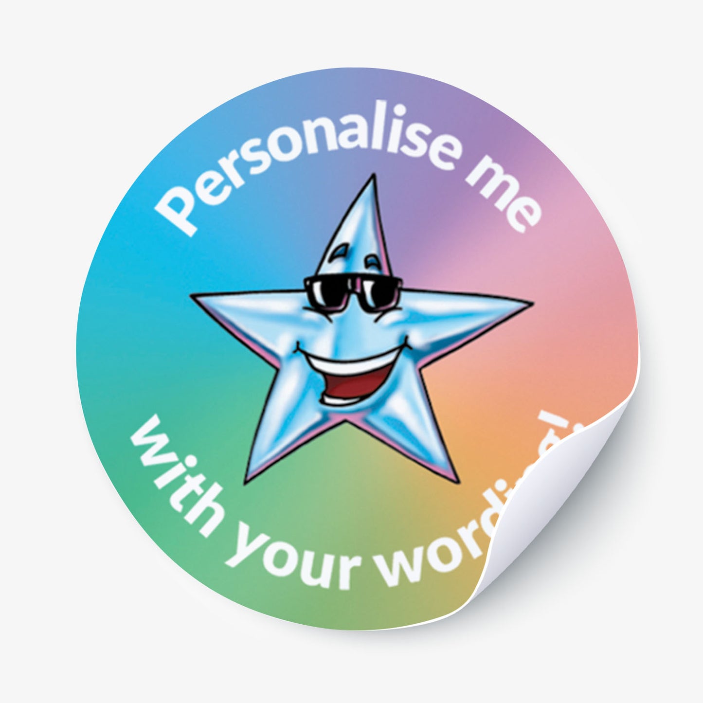 Colorful sticker with a star character and text 'Personalise me with your words' on a gradient background