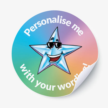 Colorful sticker with a star character and text 'Personalise me with your words' on a gradient background