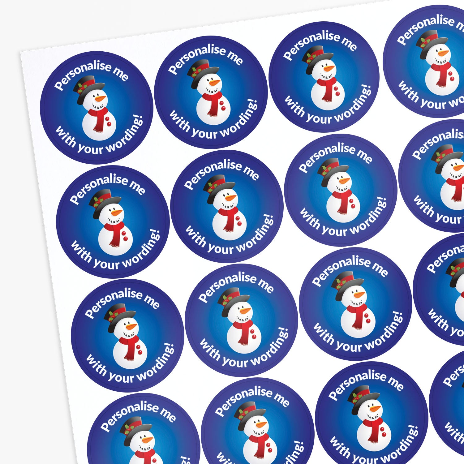 Sheet of round stickers with snowman design and text 'Personalise me with your wording!' on a white background.