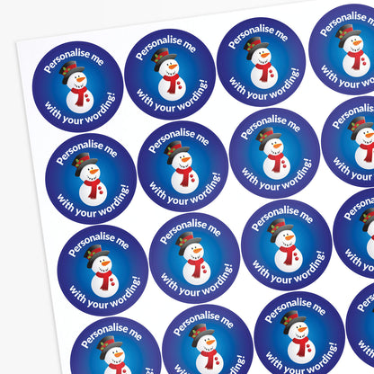 Sheet of round stickers with snowman design and text 'Personalise me with your wording!' on a white background.