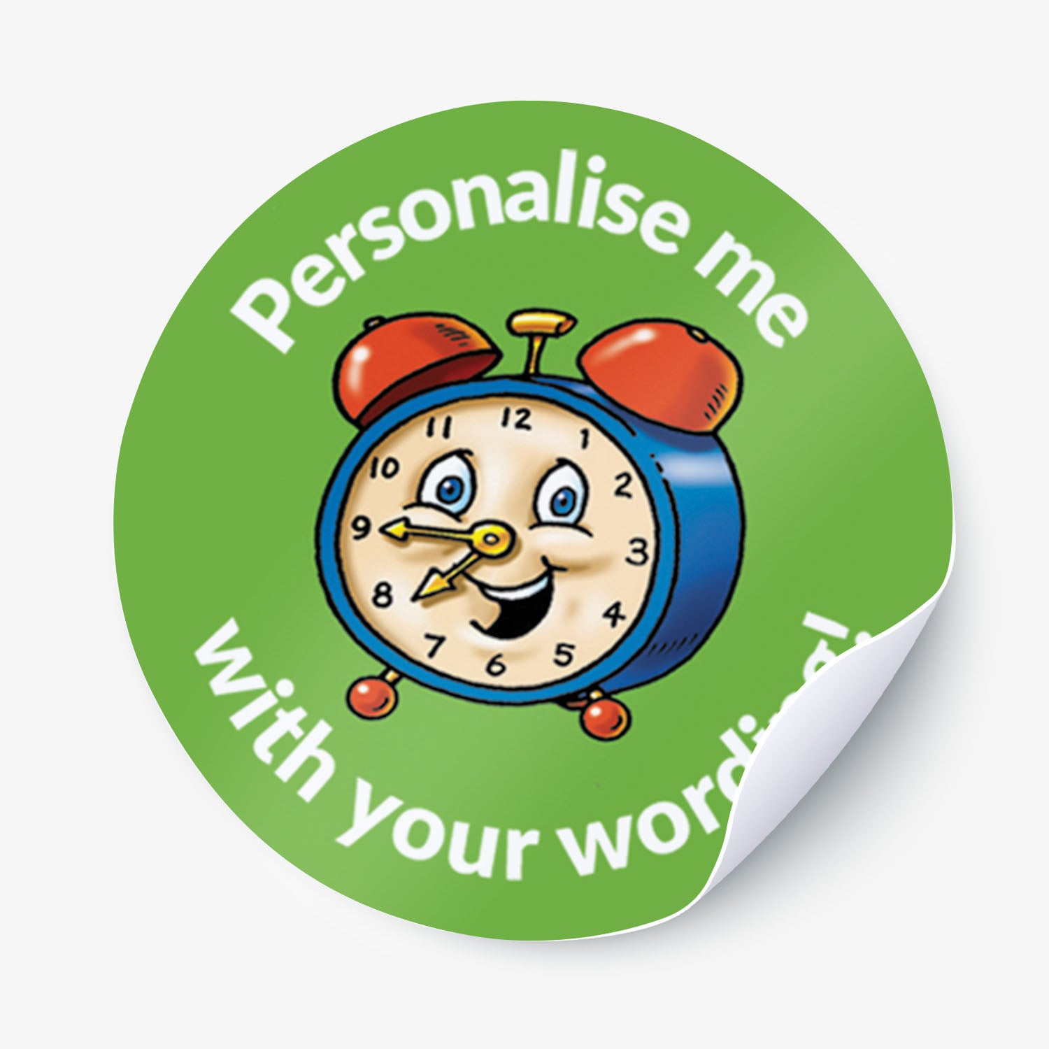 Circular sticker with a cartoon clock and text on a green background