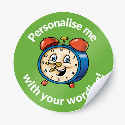 Circular sticker with a cartoon clock and text on a green background