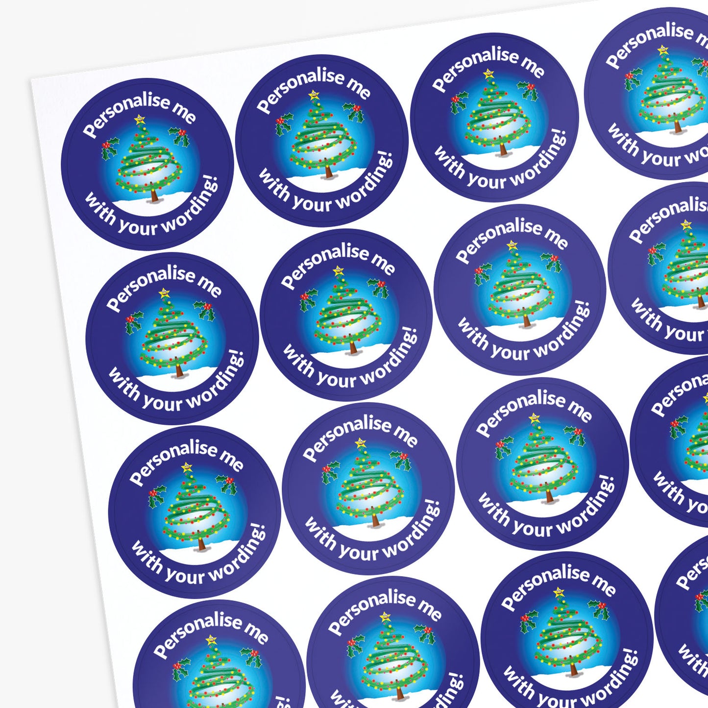 Sheet of round stickers with Christmas tree design and text 'Personalise me with your wording!' on a white background.