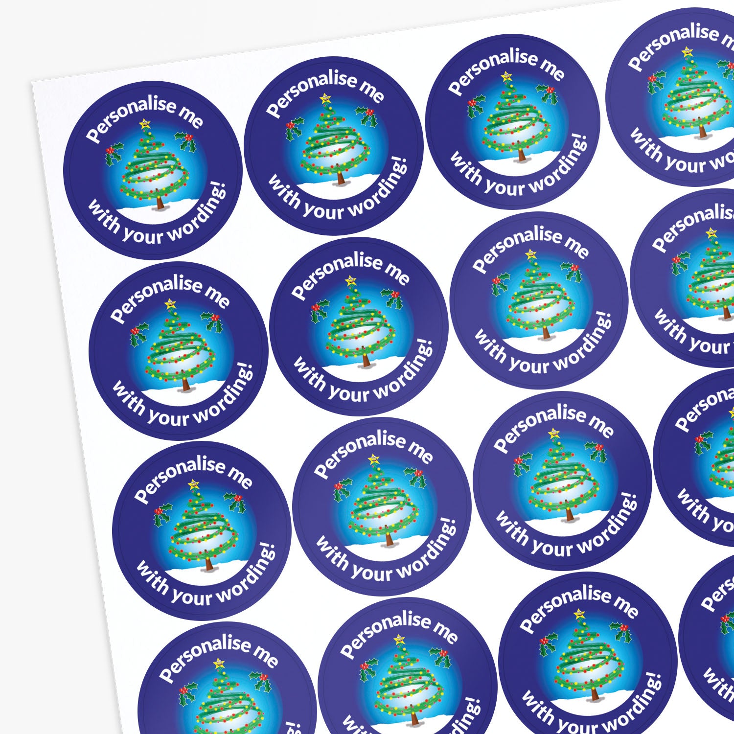 Sheet of round stickers with Christmas tree design and text 'Personalise me with your wording!' on a white background.