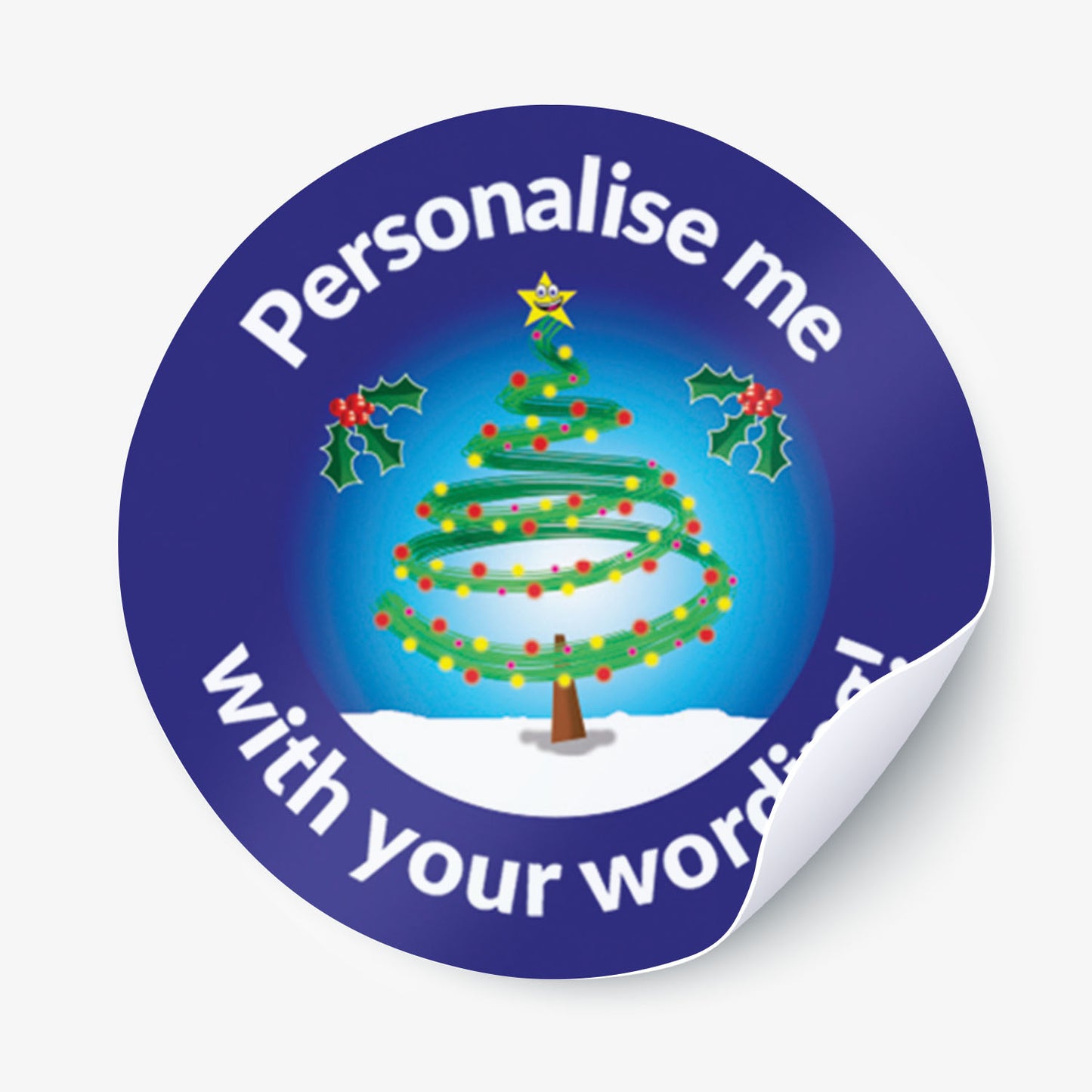 Round sticker with Christmas tree design and text 'Personalise me with your words' on a blue background
