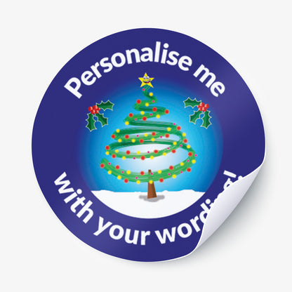 Round sticker with Christmas tree design and text 'Personalise me with your words' on a blue background