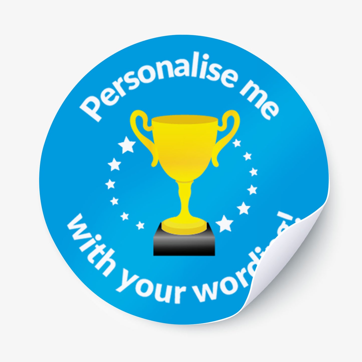 Round blue sticker with a yellow trophy graphic and text 'Personalise me with your words' on a white background.