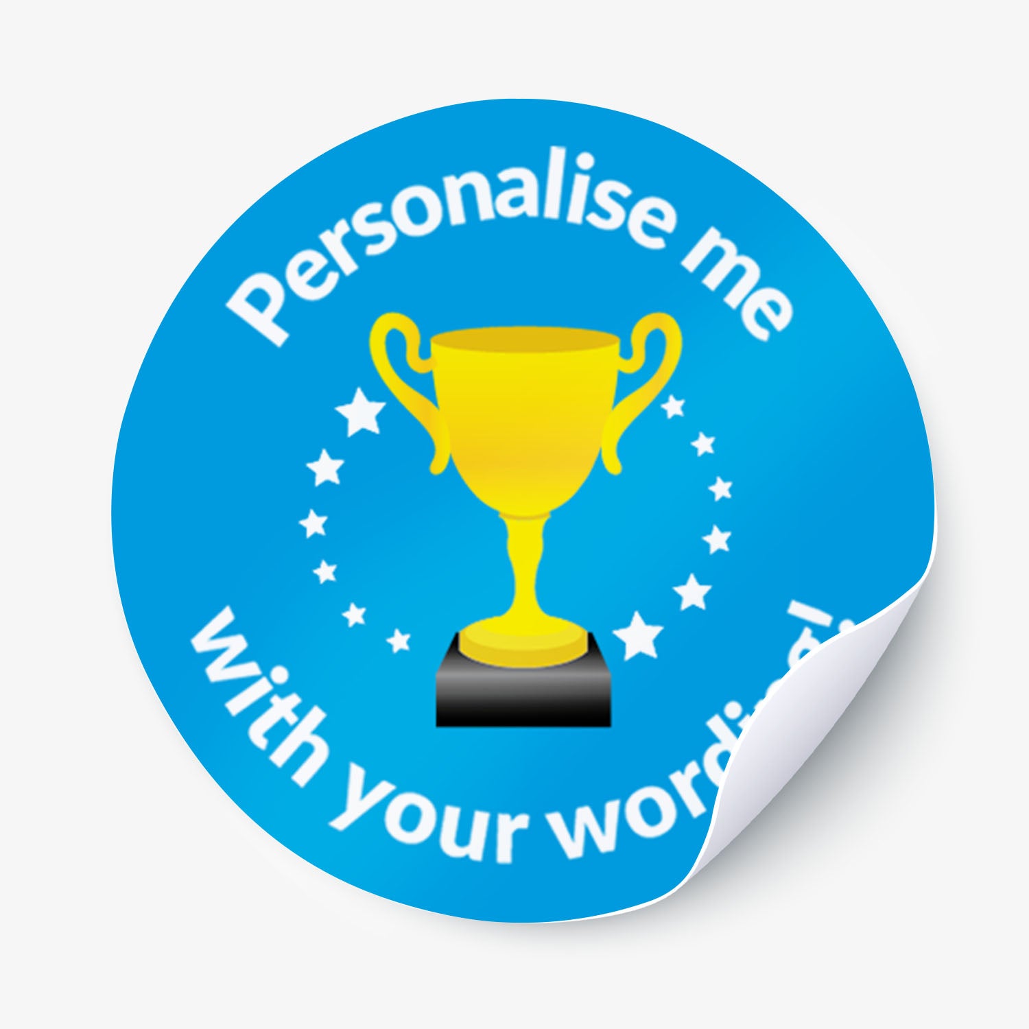 Round blue sticker with a yellow trophy graphic and text 'Personalise me with your words' on a white background.