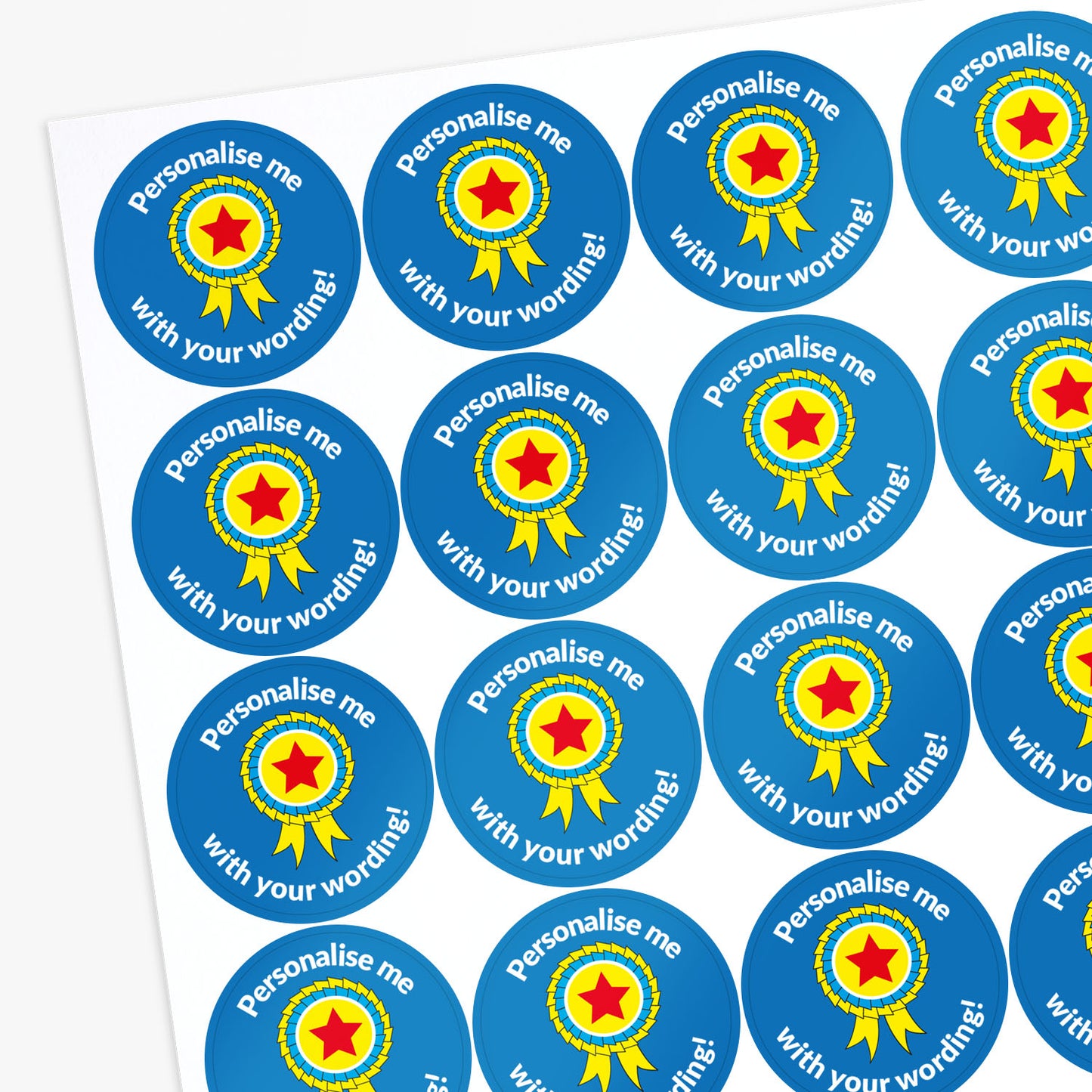 Sheet of blue stickers with red star design and text 'Personalise me with your wording!' on a white background.