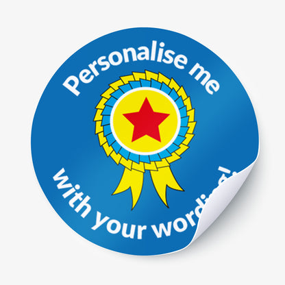Round blue sticker with a yellow ribbon and red star, featuring text 'Personalise me with your words'.