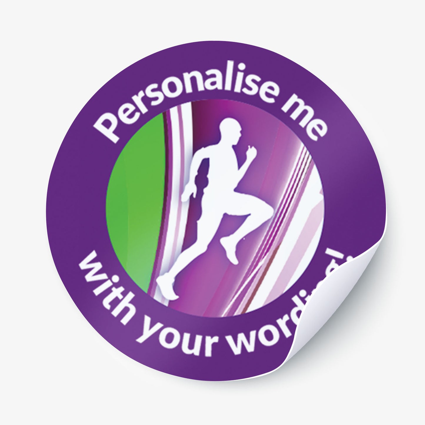 Circular sticker with a running person silhouette and text 'Personalise me with your words!' on a purple background.