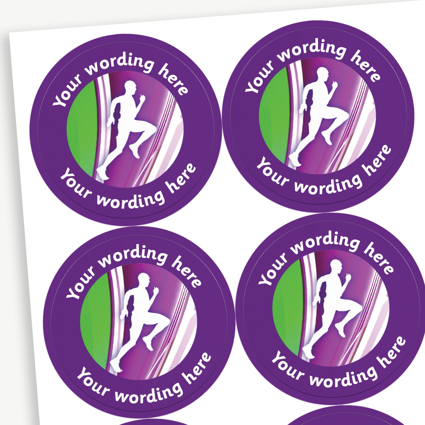 Sheet of round purple stickers featuring a silhouette of a runner in the centre. Each sticker has placeholder text reading 'Your wording here' curved above and below the illustration. 