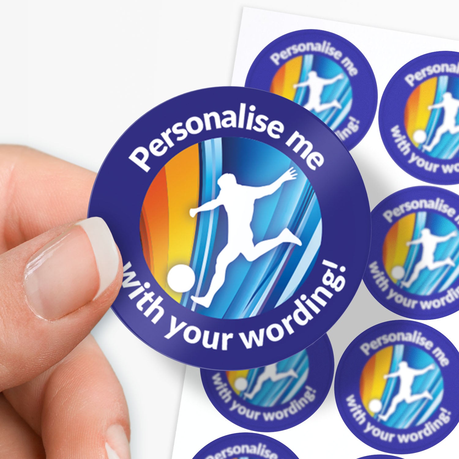 Circular sticker with 'Personalise me with your wording' text held by a hand, surrounded by more stickers on a white background.