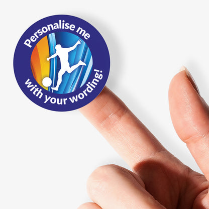 Circular sticker with text 'Personalise me with your wording!' held between fingers on a white background