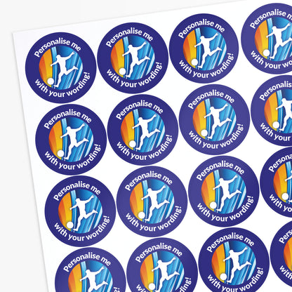 Sheet of round stickers with sports-themed design and text 'Personalise me with your wording!' on a white background.