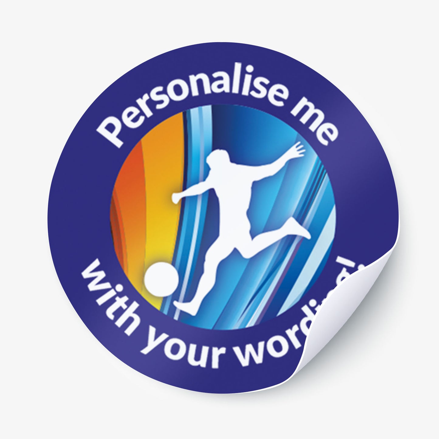 Circular sticker with sports design and text 'Personalise me with your words!' on a white background