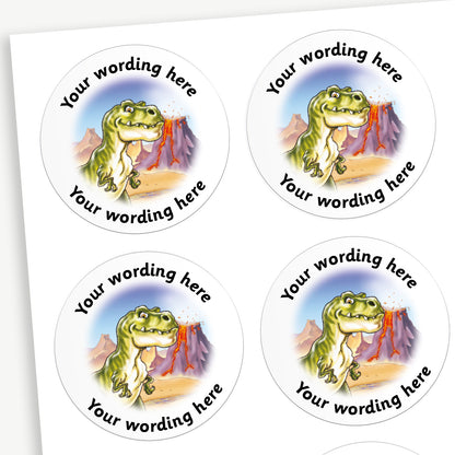 A sheet of white circular stickers featuring a illustrative T.Rex dinosaur with a volcano background; curving above and below the image is space for personalisation 'Your wording here' in a clear, bold font.