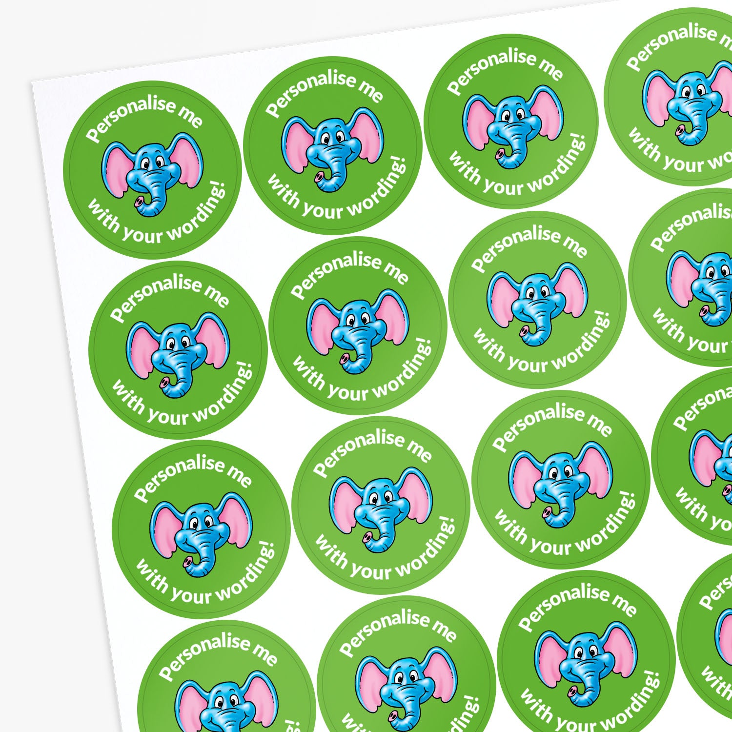 Sheet of green stickers with blue and pink elephant design and text 'Personalise me with your wording!'.