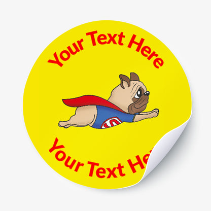 Round yellow sticker with a cartoon dog in a superhero costume and customizable text on a white background.