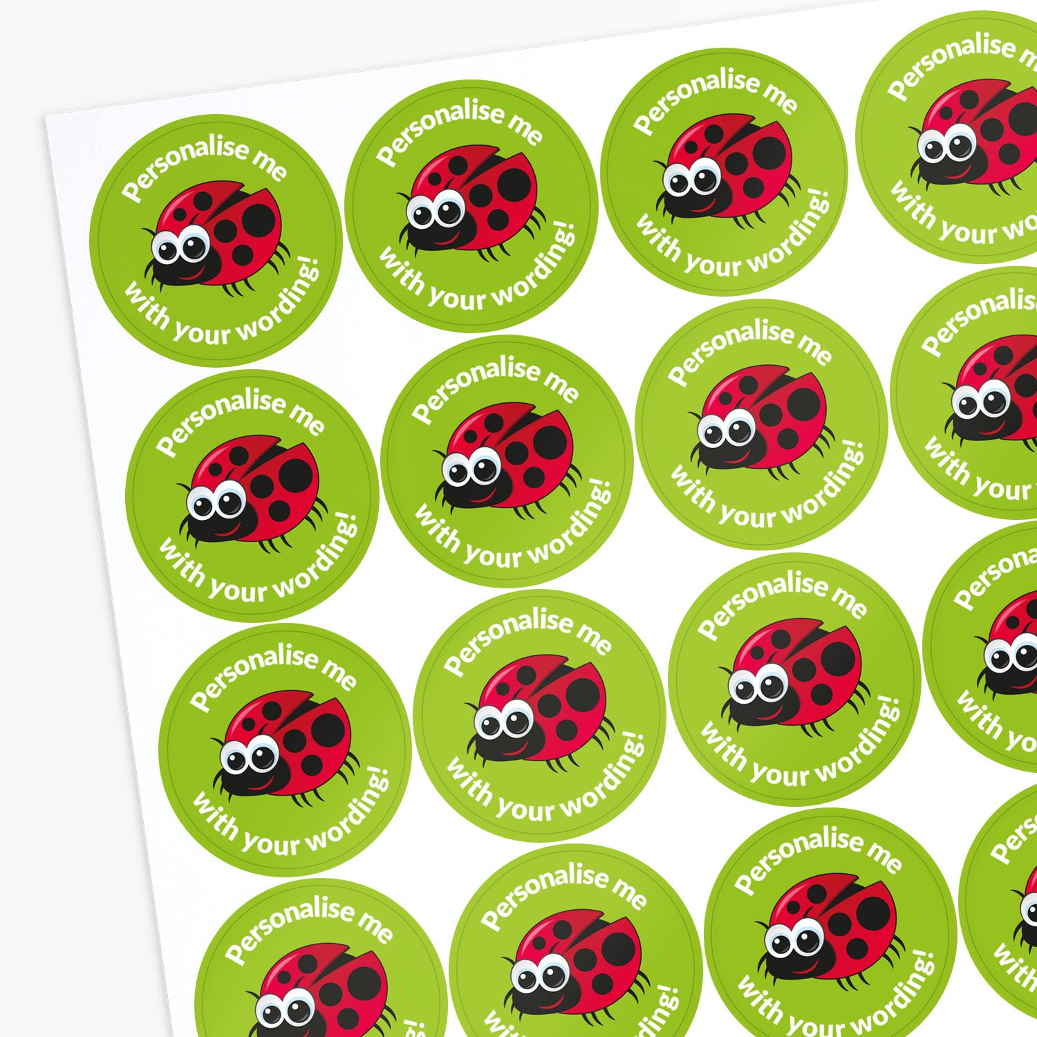 Sheet of round stickers with ladybug design and text 'Personalise me with your wording!' on a white background.