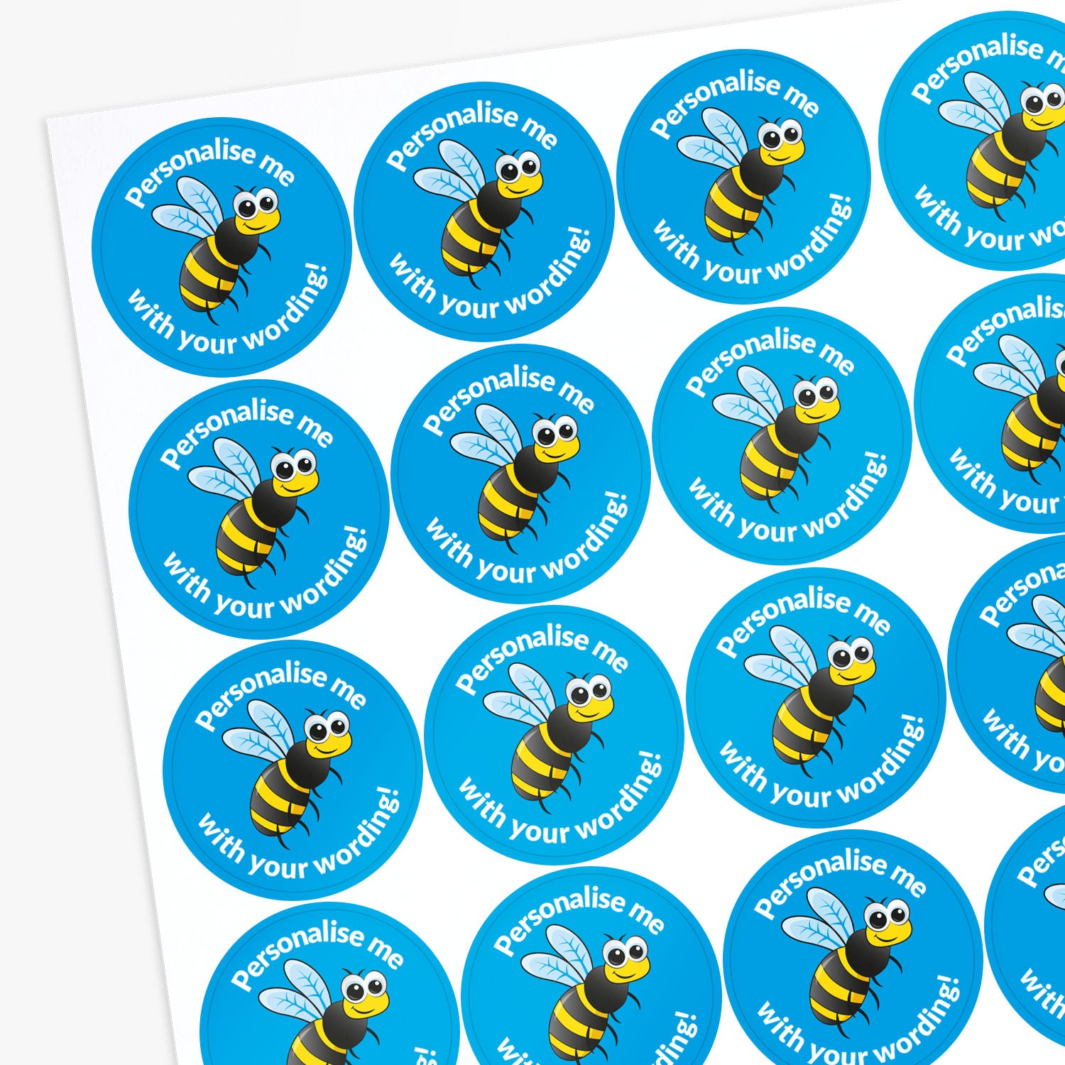 Sheet of personalized bee stickers with blue circles and yellow text.