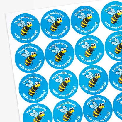 Sheet of personalized bee stickers with blue circles and yellow text.