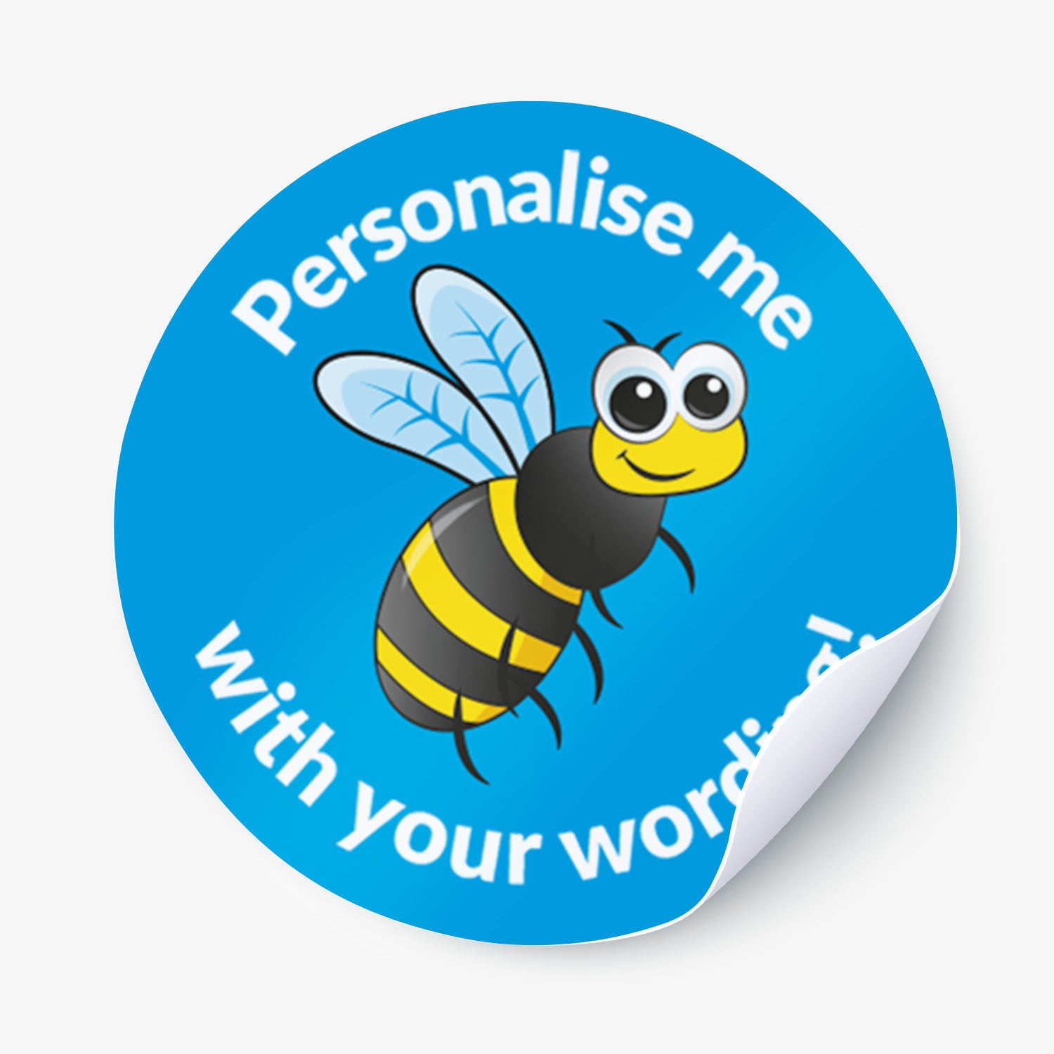 Sticker with a bee design and text on a blue background
