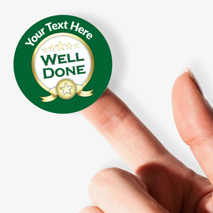 Hand holding a round green badge with 'Well Done' text on a white background