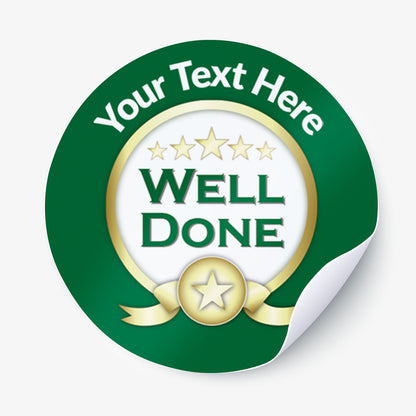 Green round sticker with 'Well Done' text and customizable text area on a white background