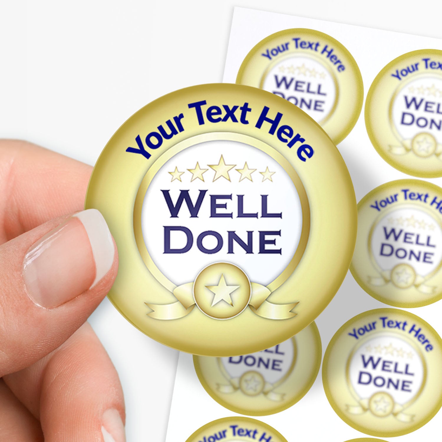 Gold and white 'Well Done' badge with customizable text, held by a hand.