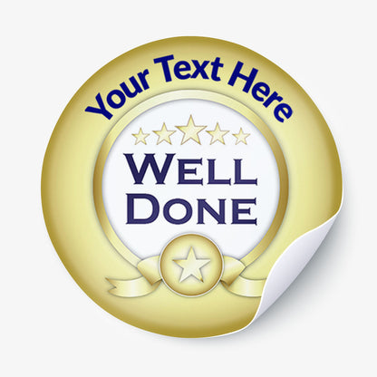 Gold badge with 'Well Done' text and space for personalization on a white background