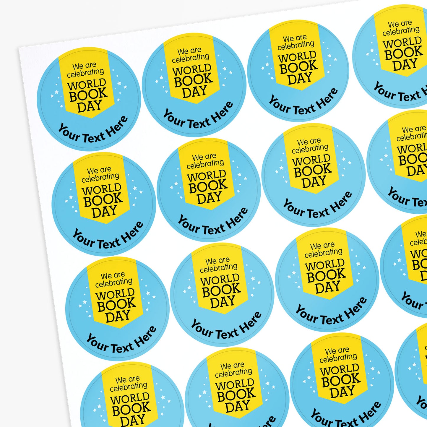 Sheet of round stickers celebrating World Book Day with customizable text area.