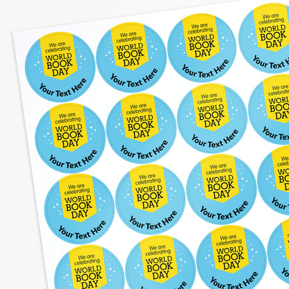 Sheet of round stickers celebrating World Book Day with customizable text area.