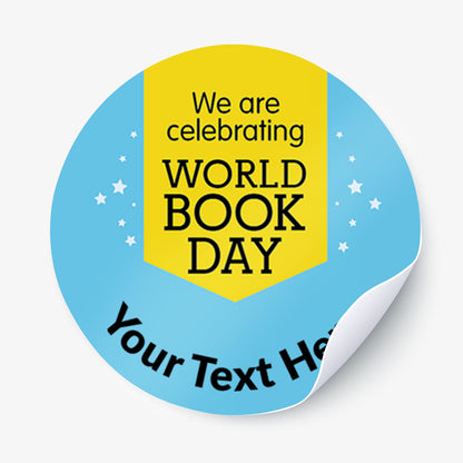Round sticker with 'We are celebrating World Book Day' text on a blue background