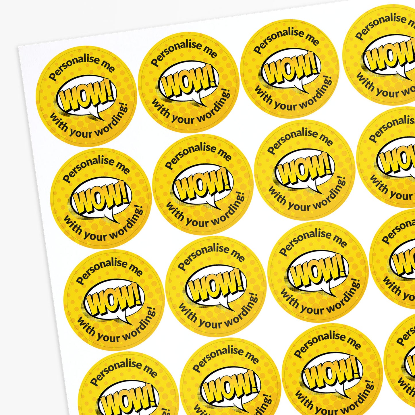 Sheet of yellow stickers with 'Wow!' text and customizable text area.