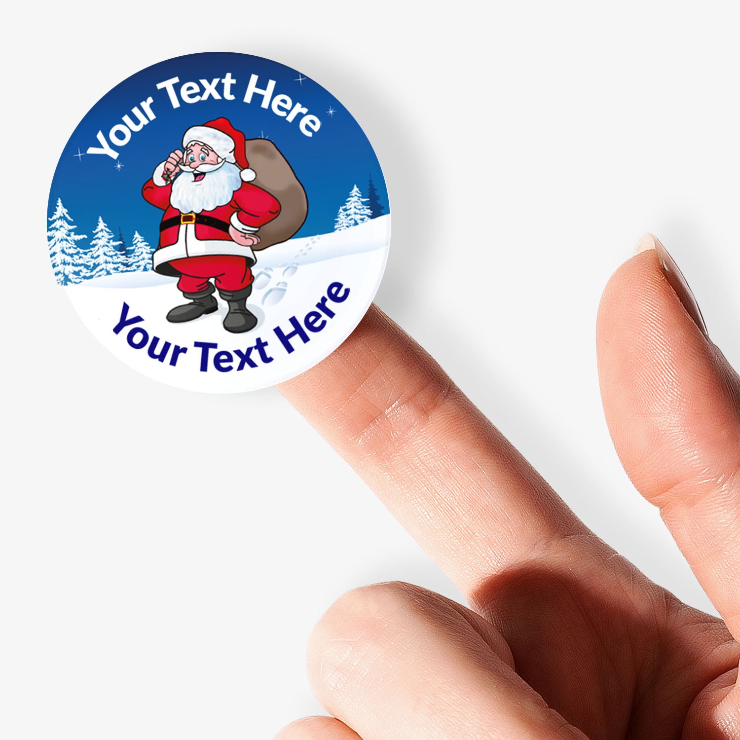 Round customizable sticker with Santa Claus design held by a hand
