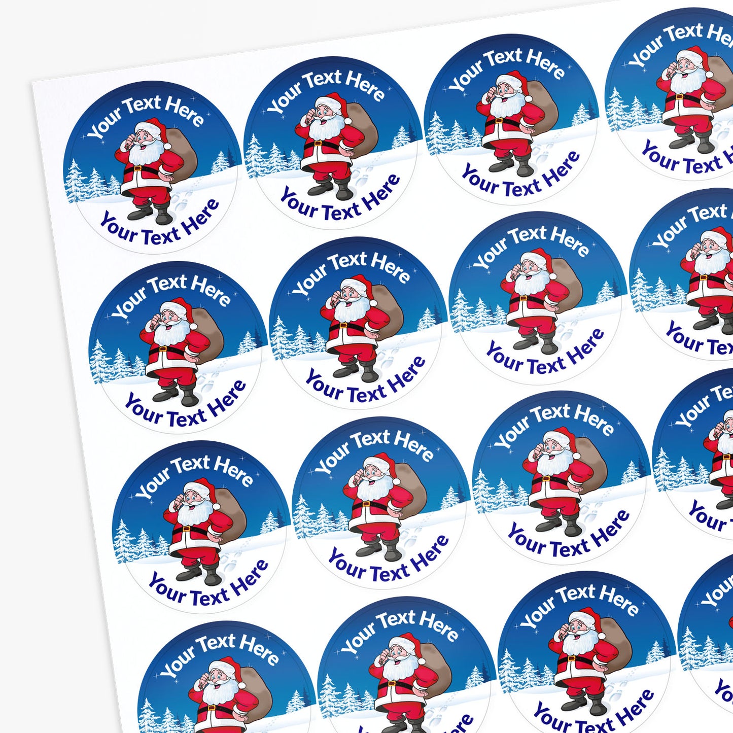 Sheet of personalized stickers with Santa Claus design on a white background