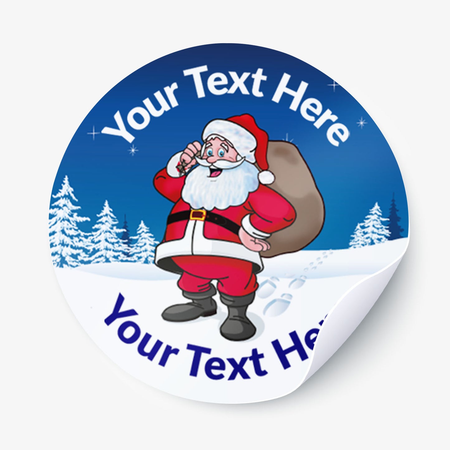 Round sticker with Santa Claus and space for text against a snowy landscape background