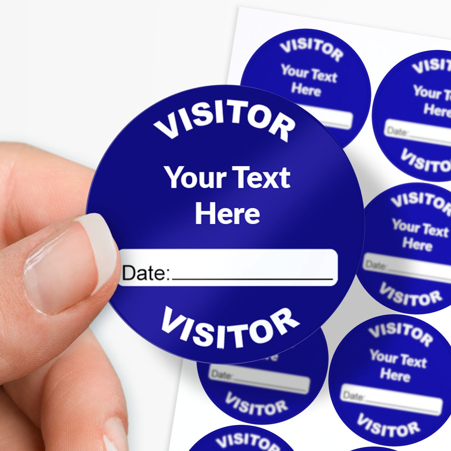 Blue visitor badge with customizable text and date on a white background