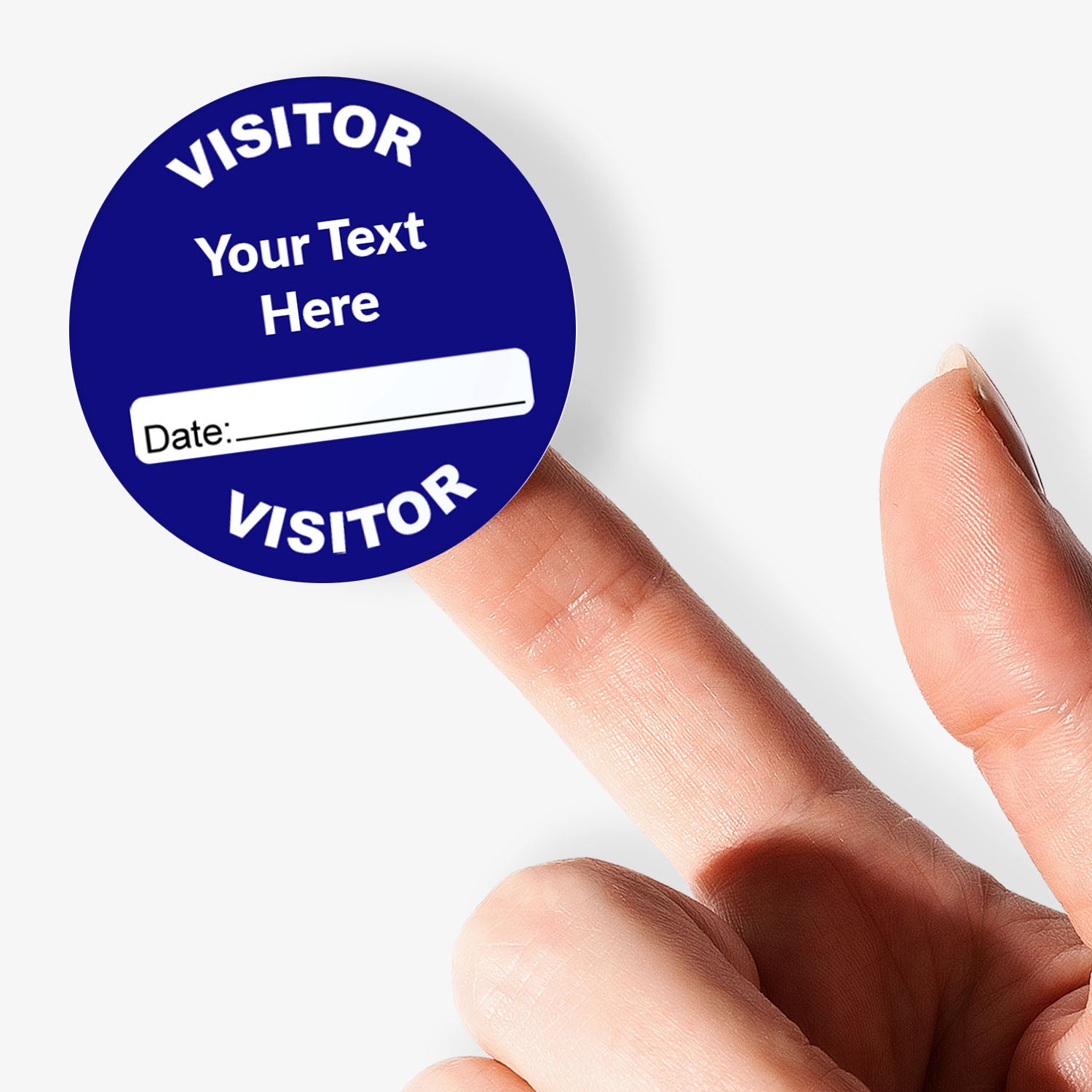 Visitor badge with customizable text and date on a blue background, held by a hand.