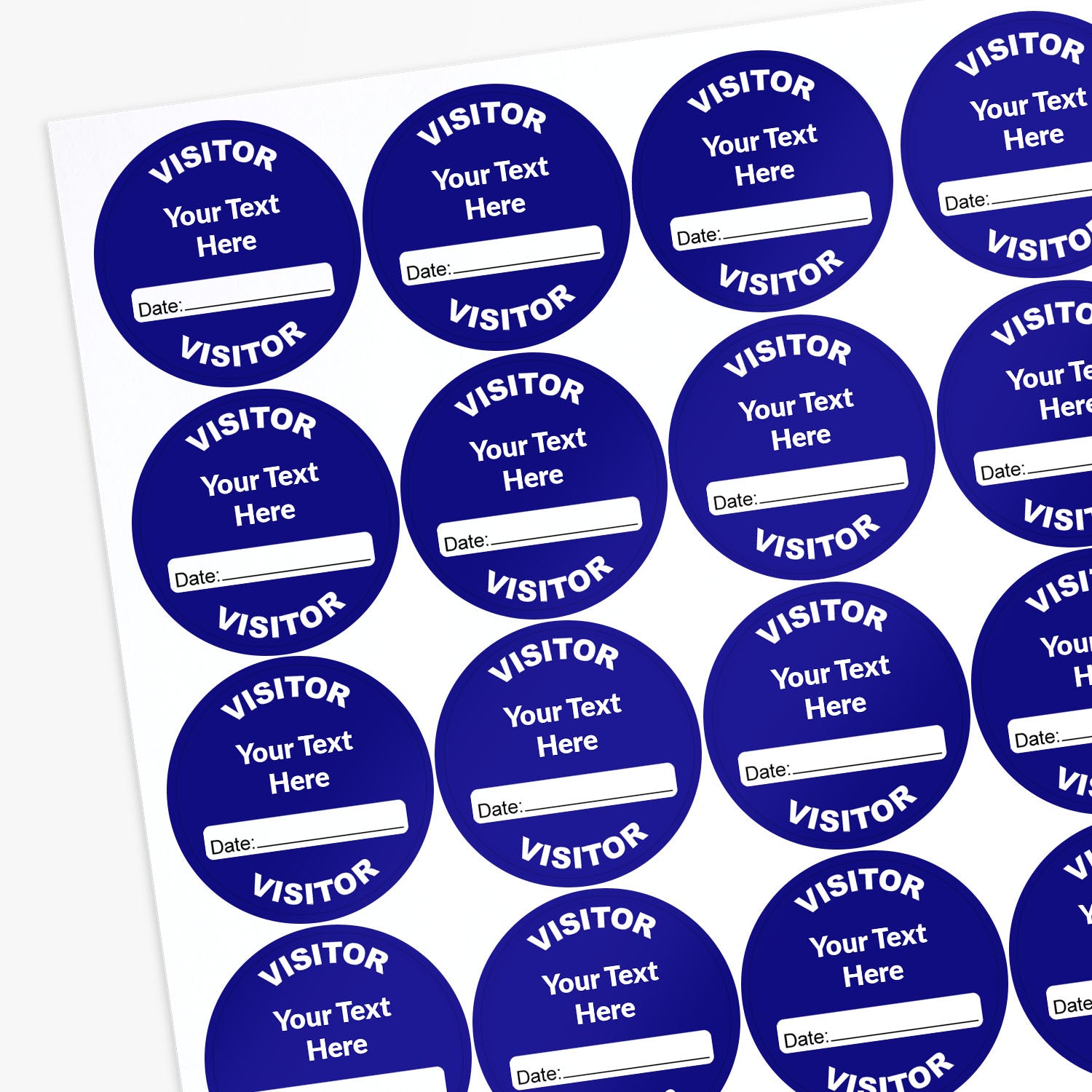 Sheet of blue visitor stickers with customizable text and date fields.
