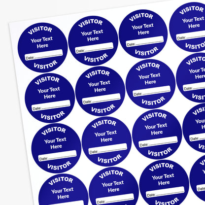 Sheet of blue visitor stickers with customizable text and date fields.
