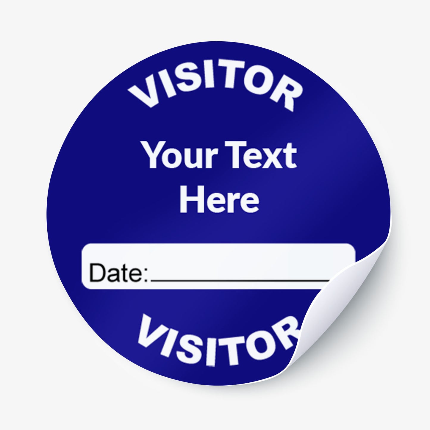 Blue visitor sticker with customizable text and date on a white background